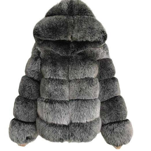 luxurious thick gray fur puffer jacket with hood and horizontal quilted design