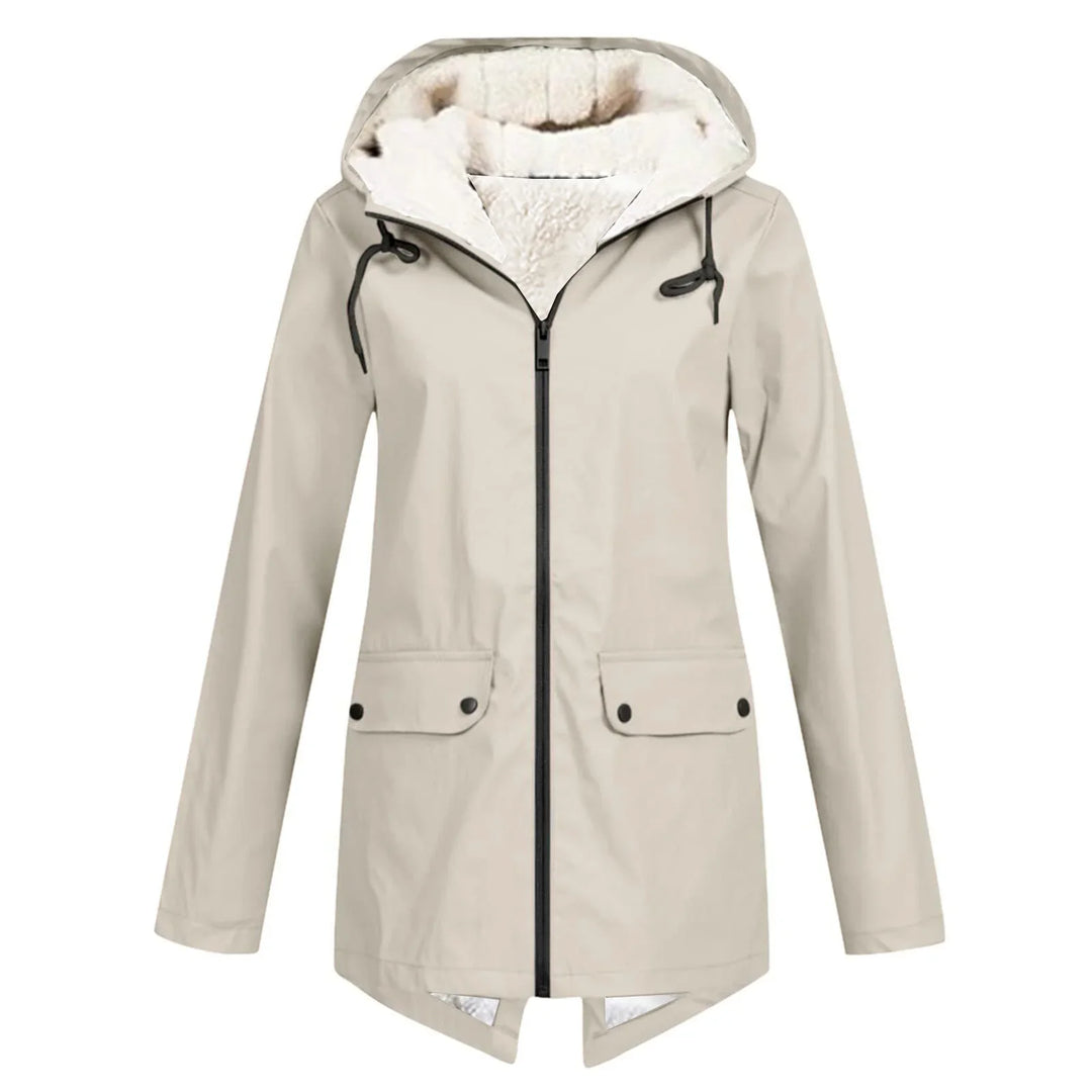 Beige hooded winter jacket with fleece lining, front zipper, and flap pockets