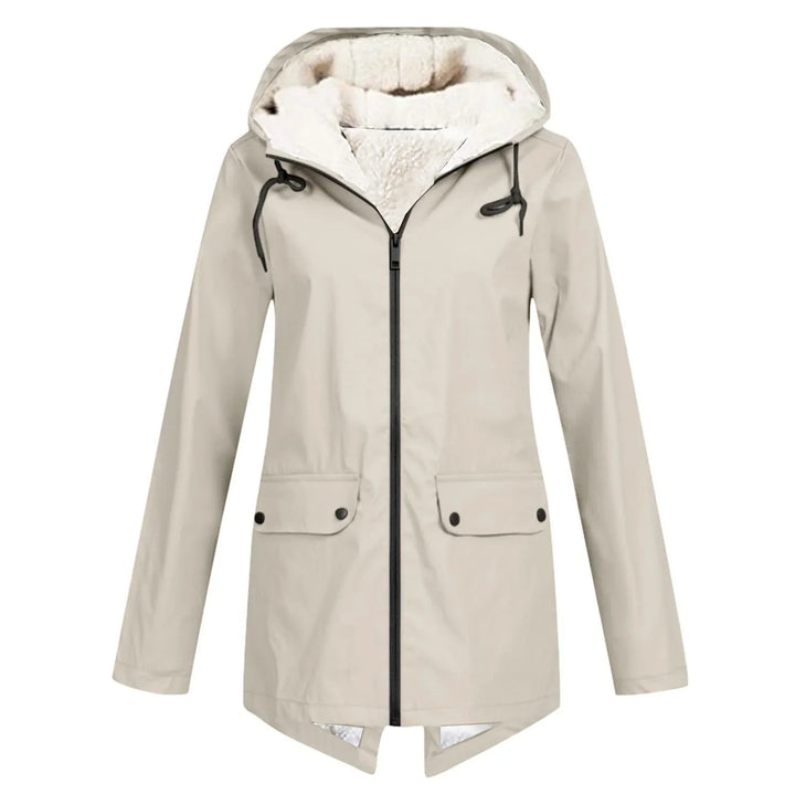 Beige hooded winter jacket with fleece lining, front zipper, and flap pockets