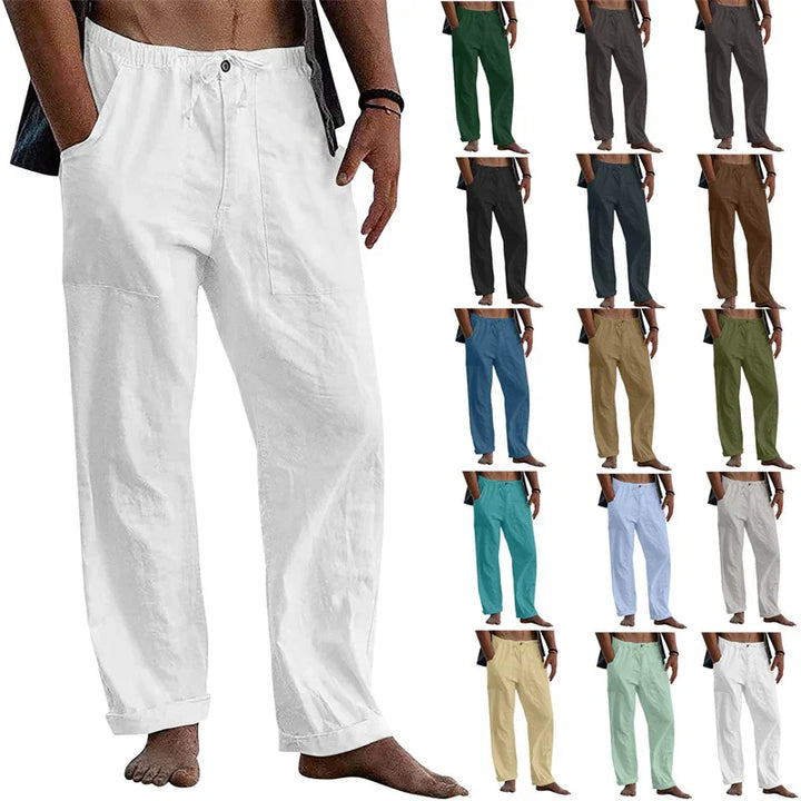 Man wearing white casual linen pants barefoot with 15 color options displayed in grid, elastic waist trousers