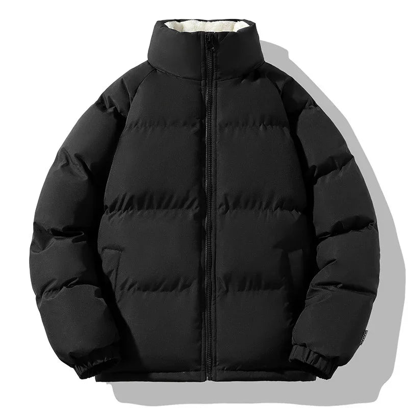 Black puffer jacket with a high collar and front zipper on white background