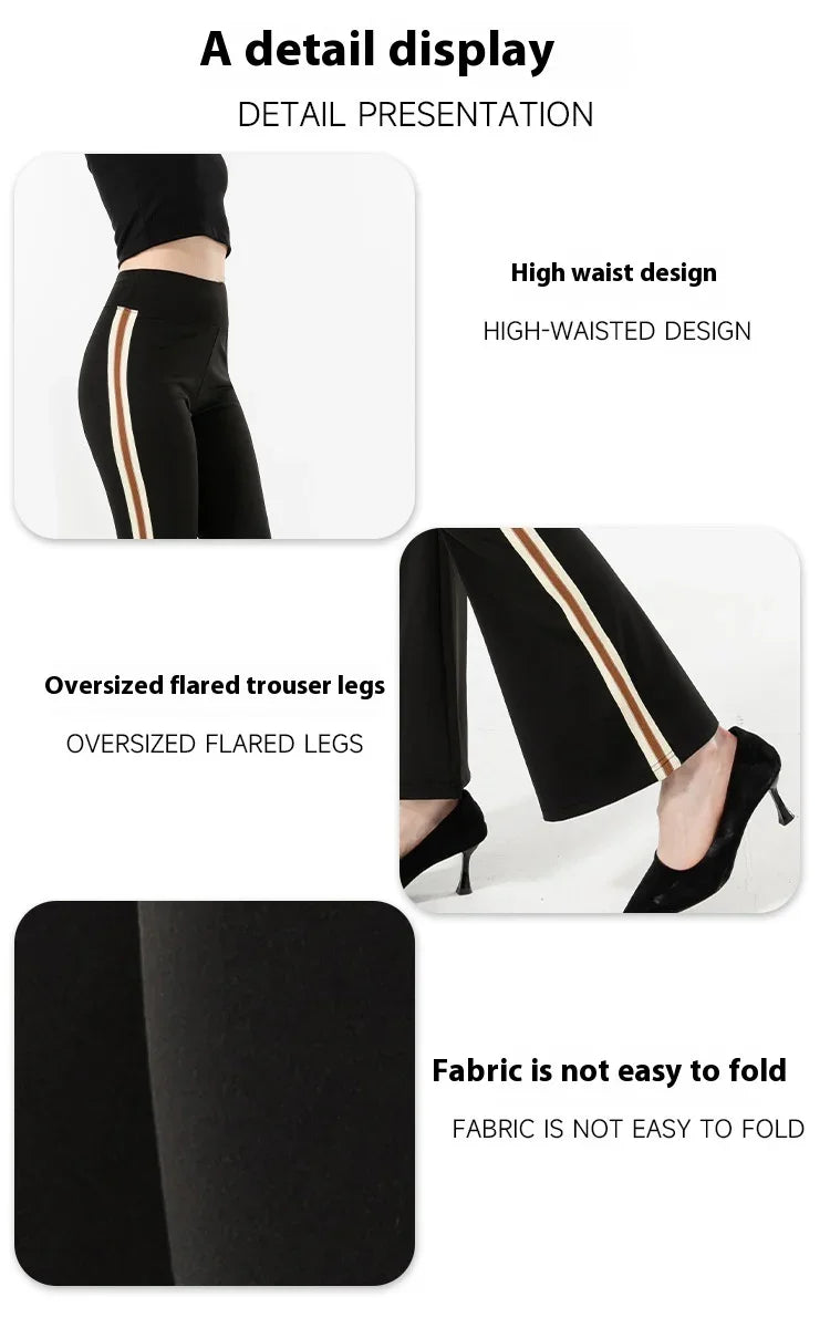 Black high-waisted flared trousers with brown and white side stripes, stretchy wrinkle-resistant fabric