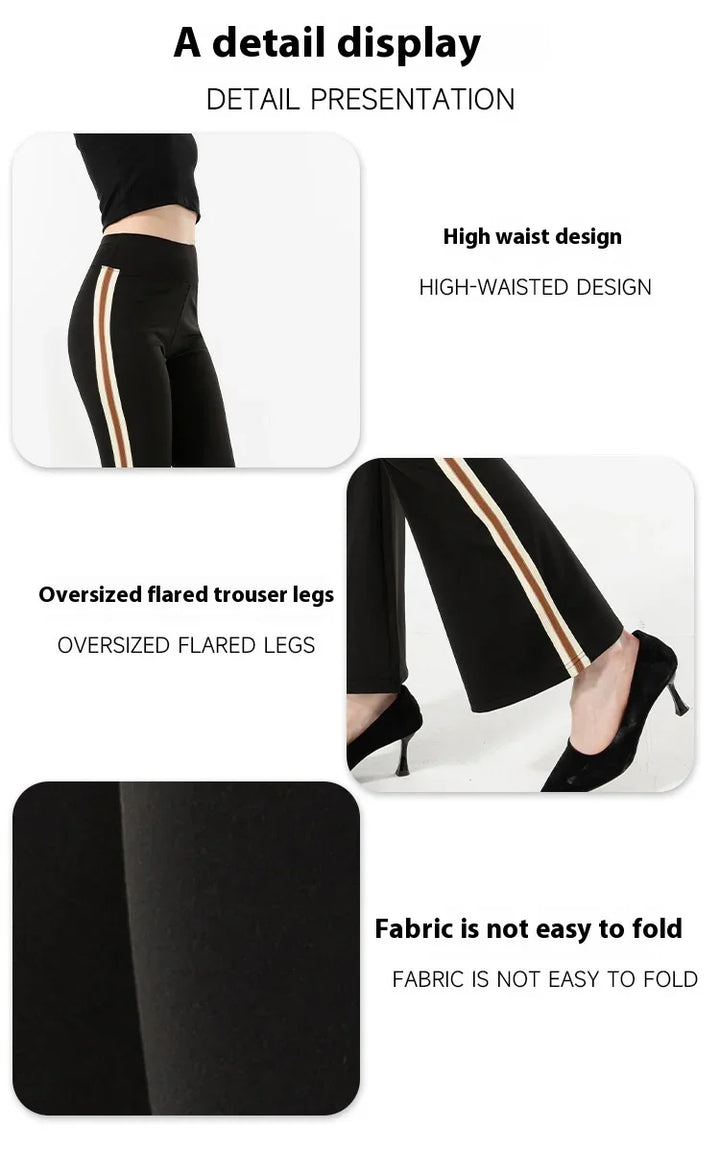 Black high-waisted flared trousers with brown and white side stripes, stretchy wrinkle-resistant fabric