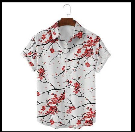 White short-sleeve shirt with red cherry blossom and black branch pattern on wooden hanger
