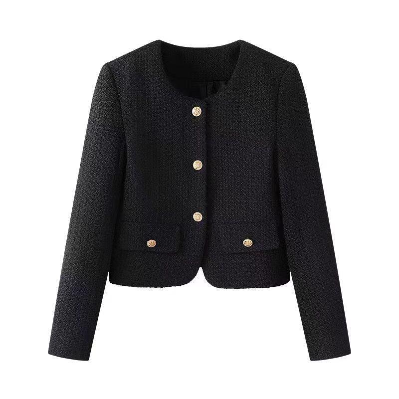 Black textured women's blazer with round neckline and gold buttons front and pockets