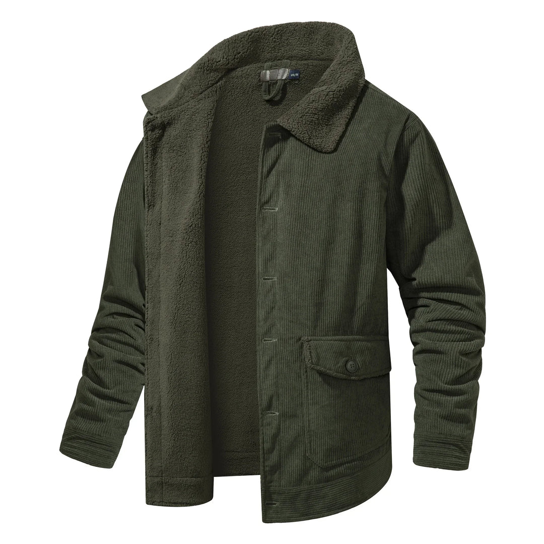 Olive green corduroy jacket with buttoned flap pocket and warm fleece lining