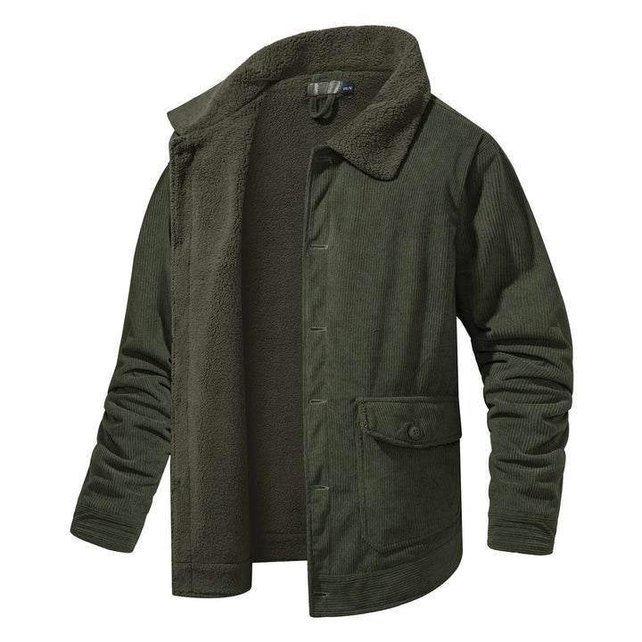 Olive green corduroy jacket with buttoned flap pocket and warm fleece lining