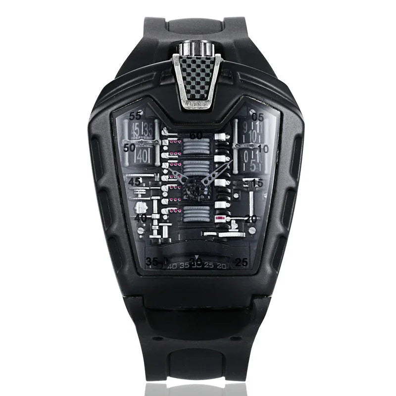 Black futuristic digital mechanical wristwatch with intricate gears and numeric displays