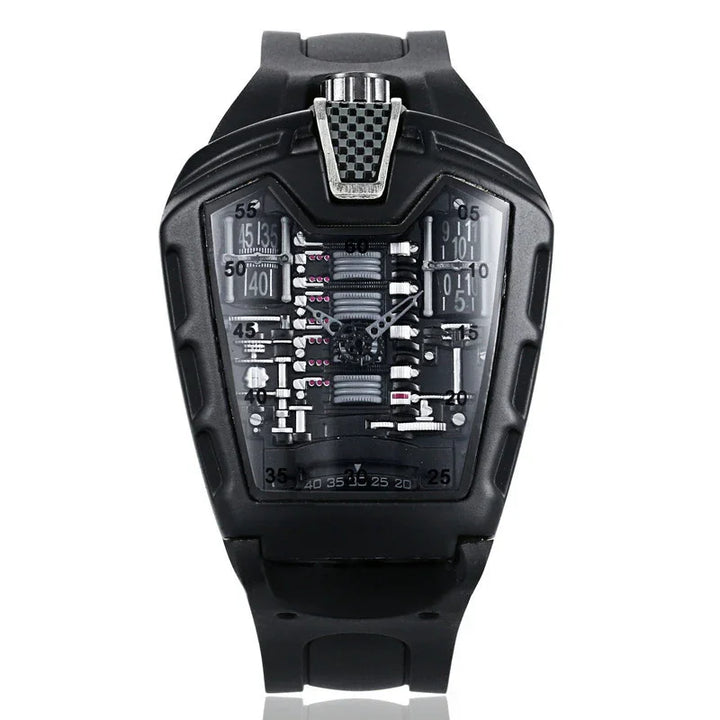 Black futuristic digital mechanical wristwatch with intricate gears and numeric displays