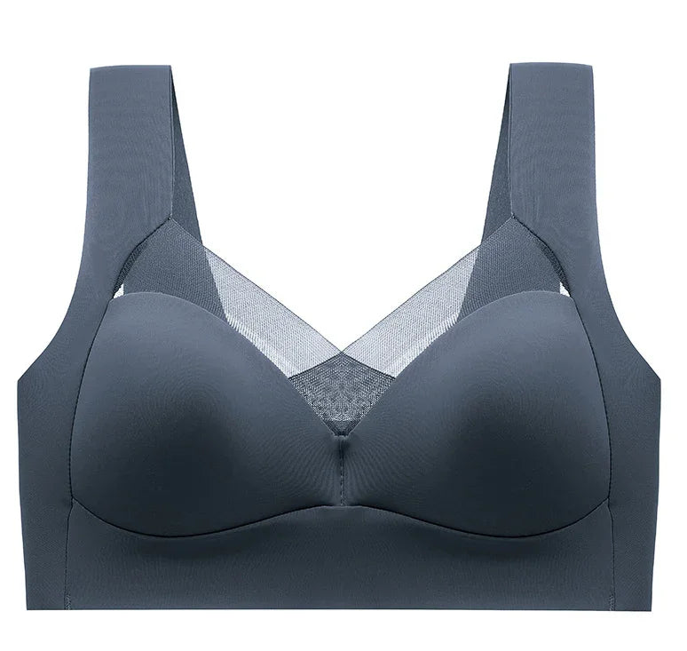 Gray wireless bra with wide straps and mesh panel, seamless and supportive lingerie