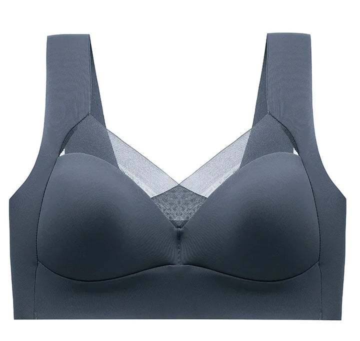 Gray wireless bra with wide straps and mesh panel, seamless and supportive lingerie