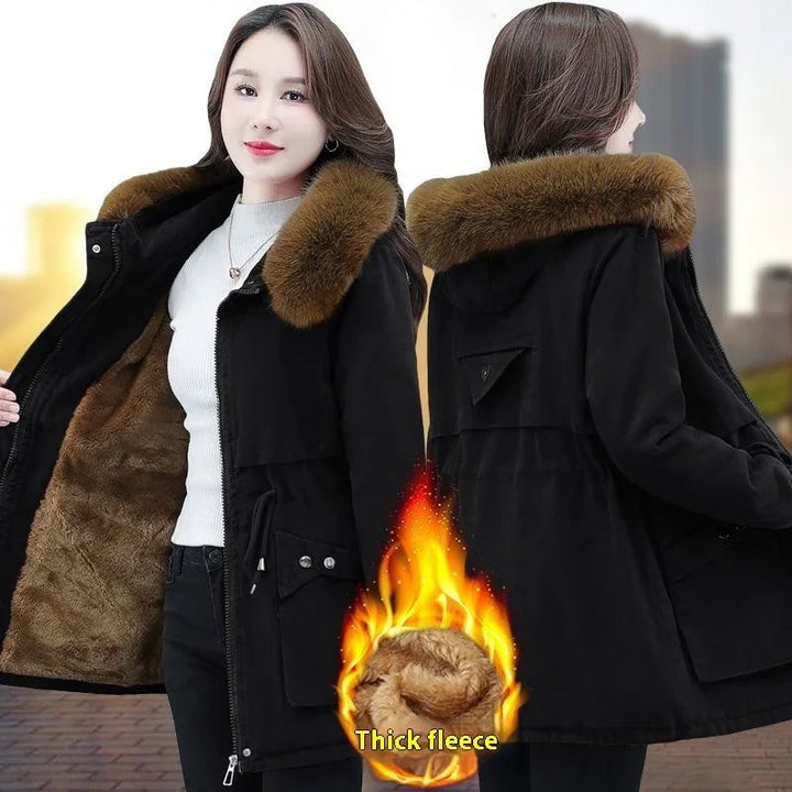 Woman modeling black winter coat with brown fur collar and thick fleece lining, front and back views