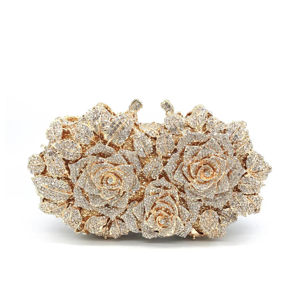 Elegant gold clutch purse decorated with sparkling rhinestone roses and leaves