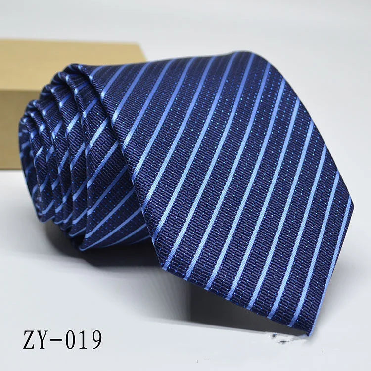 blue striped men's necktie with light blue diagonal stripes on white background