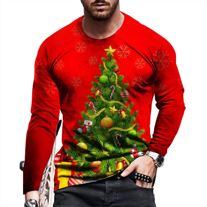 Man wearing red Christmas sweater with decorated Christmas tree graphic and snowflakes