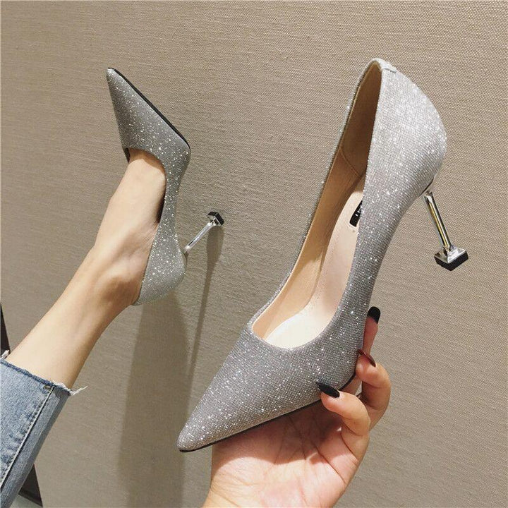 sparkling silver high heel shoes with unique geometric metal stiletto heels and pointed toes