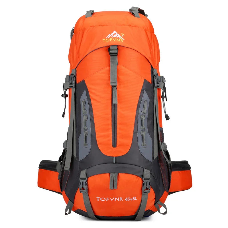 Orange and black TOFVNR 65+5L hiking backpack with multiple straps and compartments