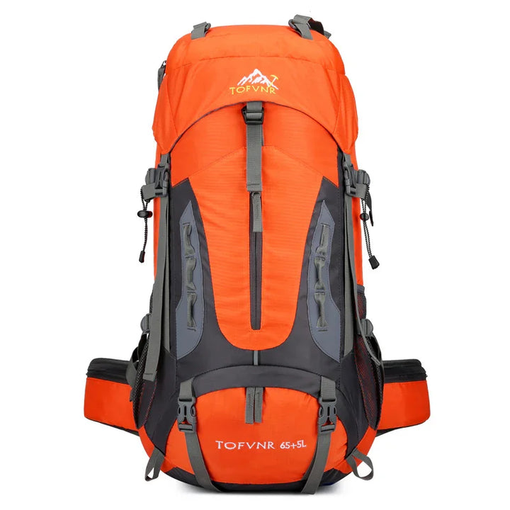 Orange and black TOFVNR 65+5L hiking backpack with multiple straps and compartments
