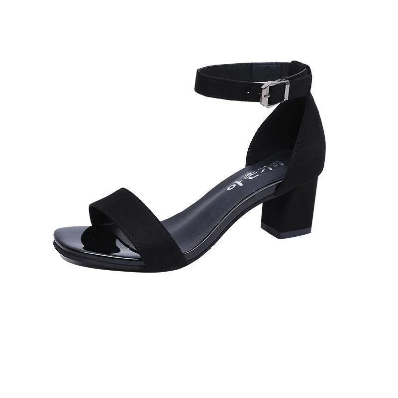 Black suede block heel sandal with ankle strap and silver buckle on white background