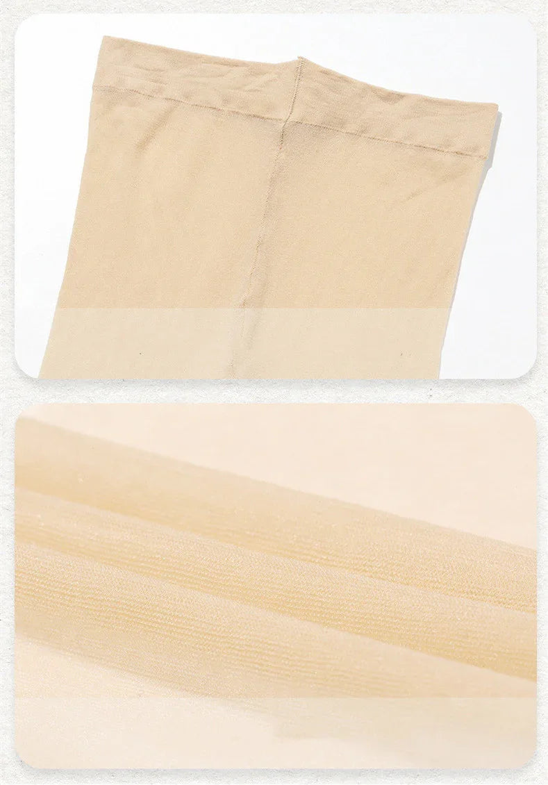 Close-up of beige hosiery fabric showing stitching and sheer texture
