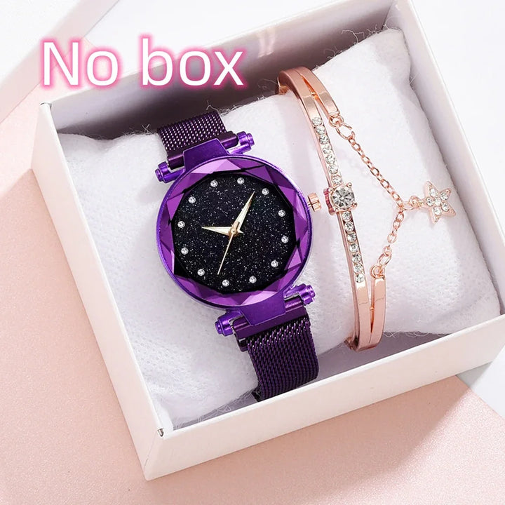 Purple starry dial wristwatch with mesh band and rose gold rhinestone bracelet in a white gift box