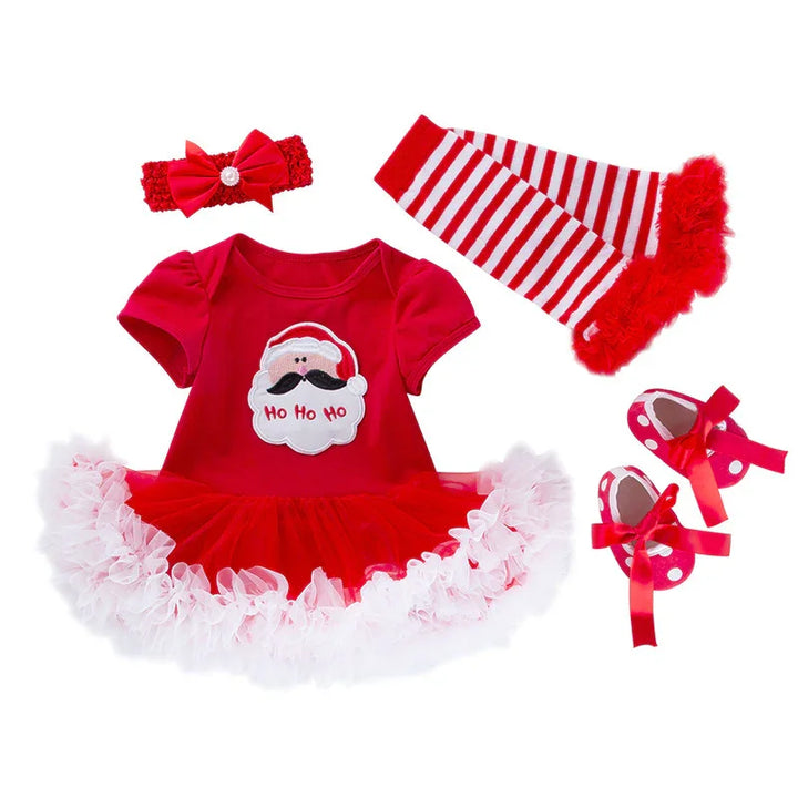 Red baby Christmas outfit with Santa dress, striped leggings, headband, and polka dot shoes