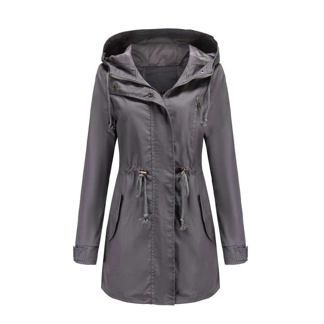 Gray women's lightweight hooded jacket with drawstrings and front pockets