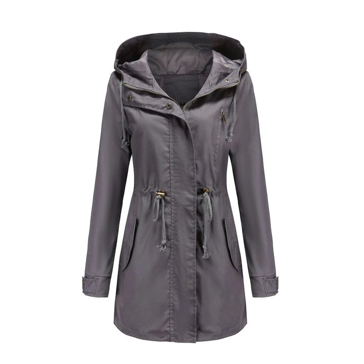 Gray women's lightweight hooded jacket with drawstrings and front pockets