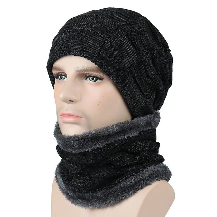 Black knitted winter beanie and matching fleece-lined neck warmer on mannequin