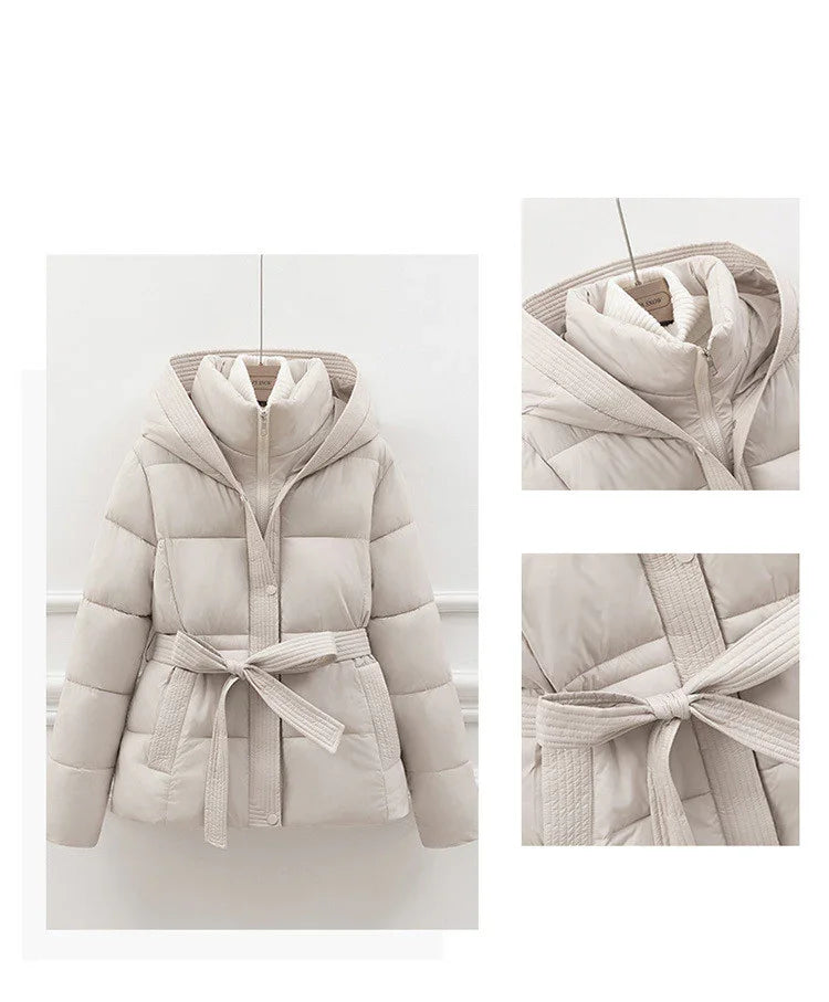 Beige puffer jacket with hood and belted waist, detailed close-ups on collar and tied belt
