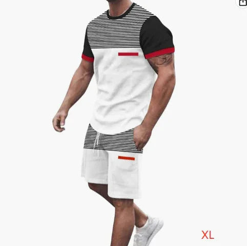 Men's casual summer outfit with black, white, and red striped T-shirt and matching cargo shorts