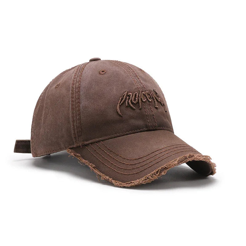 Brown distressed baseball cap with embroidered logo and frayed curved brim