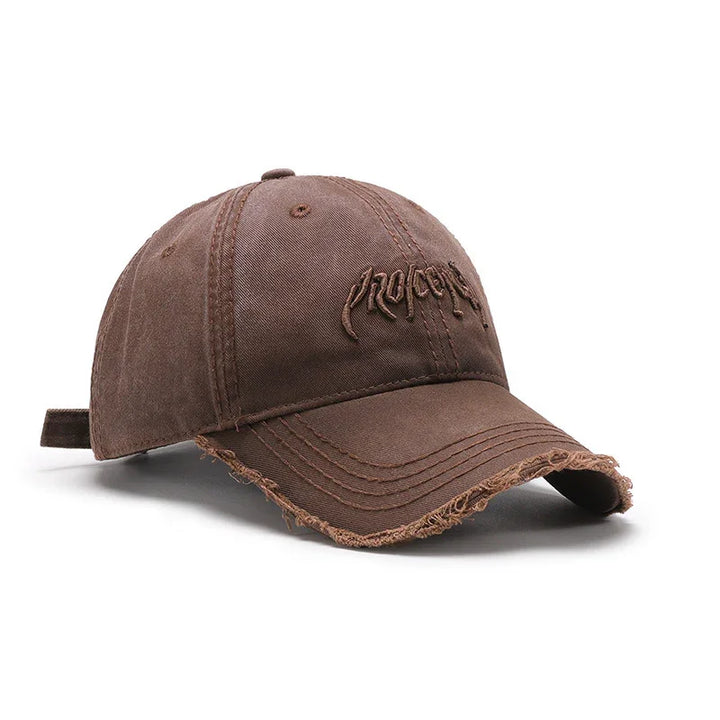 Brown distressed baseball cap with embroidered logo and frayed curved brim