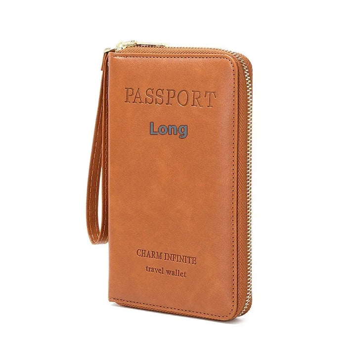 Brown leather long travel wallet with zipper and wrist strap, embossed with Passport and Charm Infinite