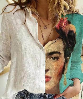Woman wearing a unique shirt featuring a half-portrait of Frida Kahlo with a floral headpiece and green background