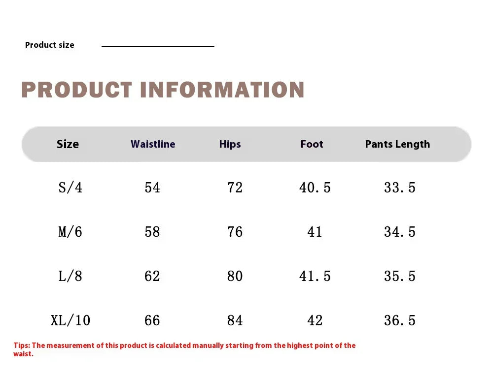 Size chart for pants detailing waistline, hips, foot width, and length for sizes S to XL