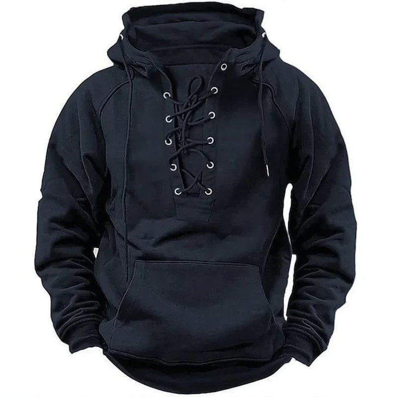 Black hoodie with lace-up front, drawstring hood, and kangaroo pocket
