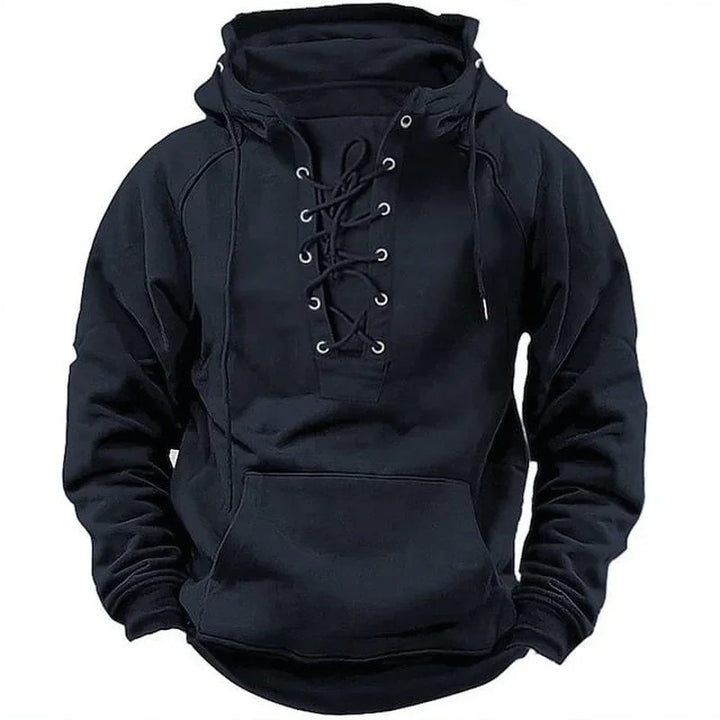Black hoodie with lace-up front, drawstring hood, and kangaroo pocket