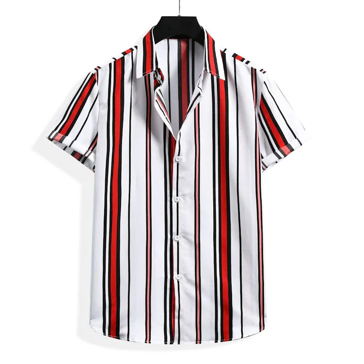 Men's short sleeve button-up shirt with red, black, and white vertical stripes on white background