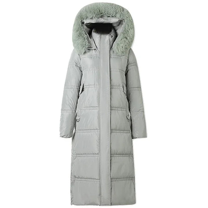 Long light gray padded winter coat with large fur-trimmed hood and side pockets