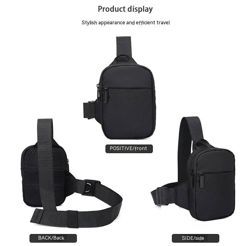 Black compact crossbody sling bag with adjustable strap shown from front, back, and side views
