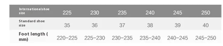 Shoe size chart comparing international sizes 225-250 with standard sizes 35-40 and corresponding foot length in millimeters