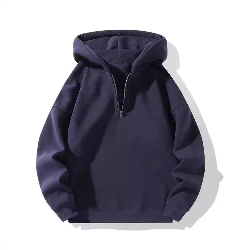 Navy blue pullover hoodie with front half-zip and long sleeves on white background