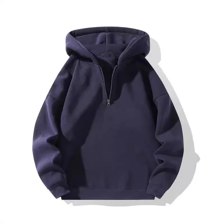 Navy blue pullover hoodie with front half-zip and long sleeves on white background
