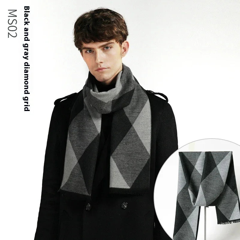 Young man wearing black coat and black and gray diamond grid scarf with inset showing full scarf