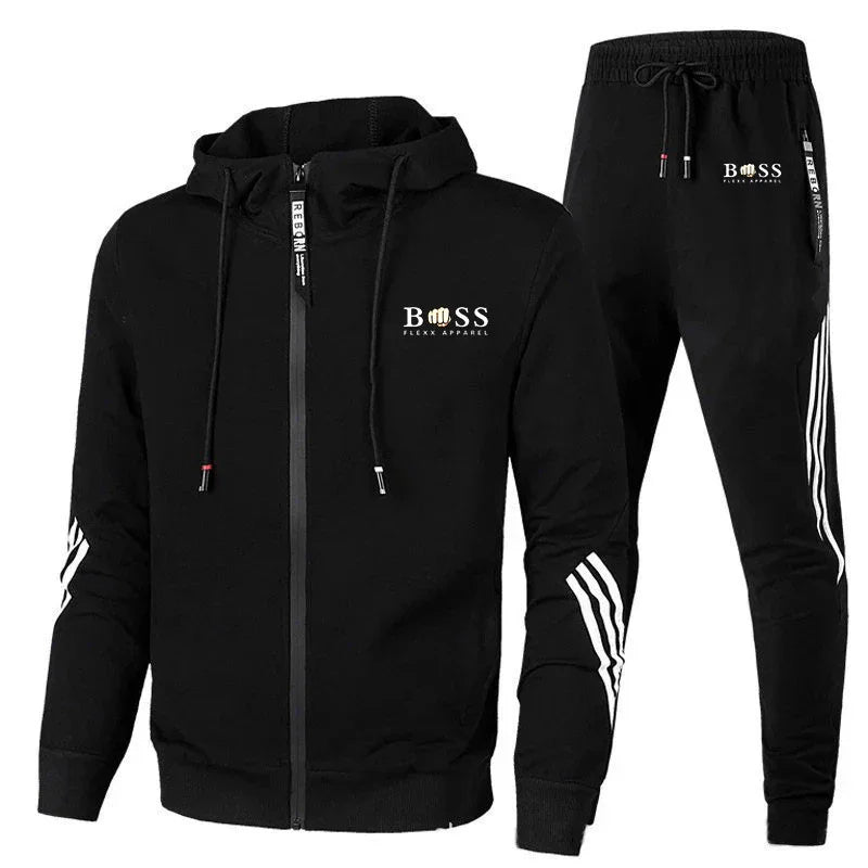 Black BOSS Flexx Apparel hoodie and joggers set with white stripes and logo branding