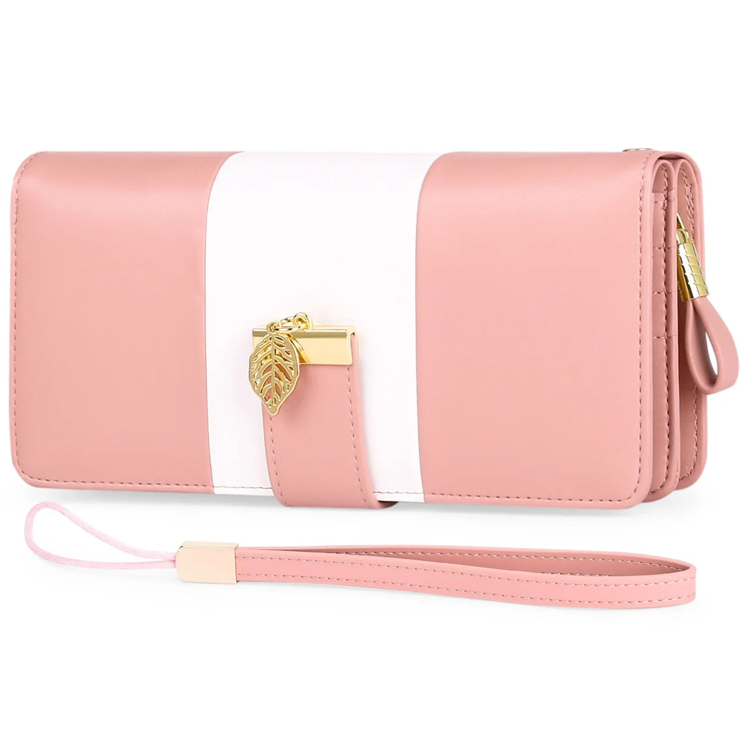 Pink and white women's wallet with gold leaf charm and wrist strap