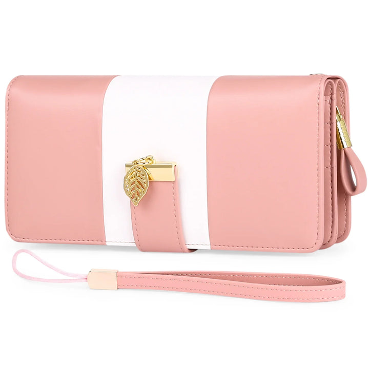 Pink and white women's wallet with gold leaf charm and wrist strap