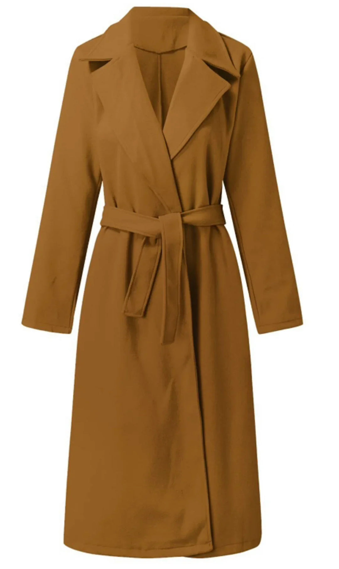 Brown long belted trench coat with wide lapels and long sleeves