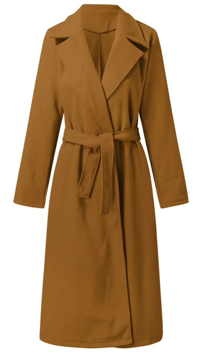 Brown long belted trench coat with wide lapels and long sleeves